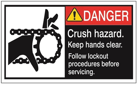 DANGER Crush Hazard. Keep hands clear, Follow lockout procedures before servicing, ANSI Equipment Safety Labels, Choose from 3 Sizes