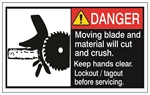 DANGER Moving blade and material will cut and crush, Keep hands clear, Follow lockout procedures before servicing ANSI Equipment Label, Choose from 3 Sizes