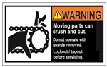 WARNING Moving parts can crush and cut. Do not operate with guard removed. Follow lockout/tagout before servicing. ANSI Equipment Safety Label, Choose from 3 Sizes