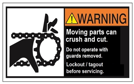 WARNING Moving parts can crush and cut. Do not operate with guard removed. Follow lockout/tagout before servicing. ANSI Equipment Safety Label, Choose from 3 Sizes