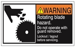 WARNING Rotating blade hazard, Do not operate with guard removed, Follow lockout/tagout before servicing, ANSI Equipment Safety Label, Choose from 3 Sizes