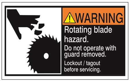 WARNING Rotating blade hazard, Do not operate with guard removed, Follow lockout/tagout before servicing, ANSI Safety Label, Choose from 3 Sizes