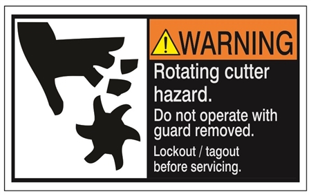 WARNING Rotating cutter hazard, Do not operate with guard removed, Follow lockout/tagout before servicing, ANSI Equipment Safety Label, Choose from 3 Sizes