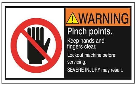 WARNING Pinch points, keep hands and fingers clear, Lockout machine before servicing, Severe  injury may result ANSI Labels, Choose from 3 Sizes