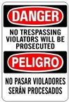 DANGER/PELIGRO NO TRESPASSING VIOLATORS WILL BE PROSECUTED, Bilingual Sign - Choose 10 X 14 - 14 X 20, Self Adhesive Vinyl, Plastic or Aluminum.