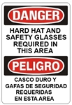 Bilingual, DANGER HARD HAT AND SAFETY GLASSES REQUIRED IN THIS AREA Sign - Choose 10 X 14 - 14 X 20, Self Adhesive Vinyl, Plastic or Aluminum.