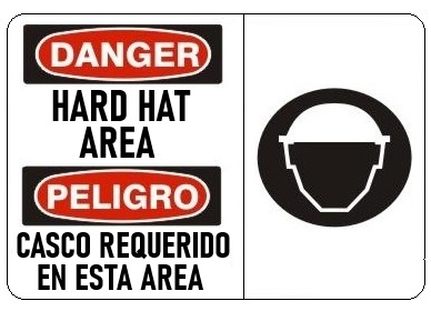 DANGER HARD HAT AREA (Symbol) Bilingual Sign - Choose 10 X 14 - 14 X 20, Self Adhesive Vinyl, Plastic or Aluminum.