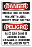 Bilingual Danger Hard Hat, Steel Toe Shoes and Safety Glasses Required Beyond This Point Sign - Choose 10 X 14 - 14 X 20, Self Adhesive Vinyl, Plastic or Aluminum.