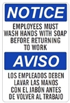 Bilingual Notice Employees Must Wash Hands With Soap Before Returning To Work Sign - Choose 10 X 14 - 14 X 20, Self Adhesive Vinyl, Plastic or Aluminum.