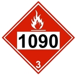 DOT PLACARD 1090 ACETONE, Flammable Liquid, Class 3 - Choose from 4 Materials: Pressure Sensitive Vinyl, Rigid Plastic, Aluminum or Magnetic