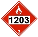 DOT Placard 1203 GASOLINE, GASOHOL, PETROL, Flammable liquid, Class 3 - Choose from 4 Materials: Press On Vinyl, Rigid Plastic, Aluminum or Magnetic