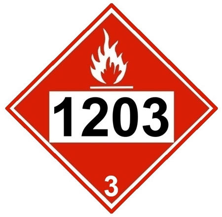 DOT Placard 1203 GASOLINE, GASOHOL, PETROL, Flammable liquid, Class 3 - Choose from 4 Materials: Press On Vinyl, Rigid Plastic, Aluminum or Magnetic