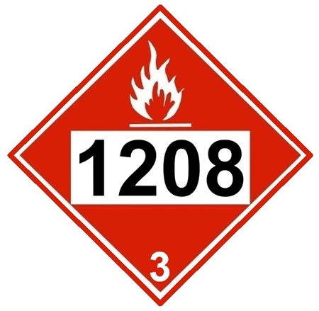 DOT PLACARD 1208 HEXANES, Class 3 Flammable liquid - Choose from 4 Materials: Press On Vinyl, Rigid Plastic, Aluminum or Magnetic