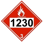 DOT PLACARD 1230 METHANOL, Class 3 Flammable Liquid - Choose from 4 Materials, Pressure Sensitive Vinyl, Rigid Plastic, Aluminum or Magnetic