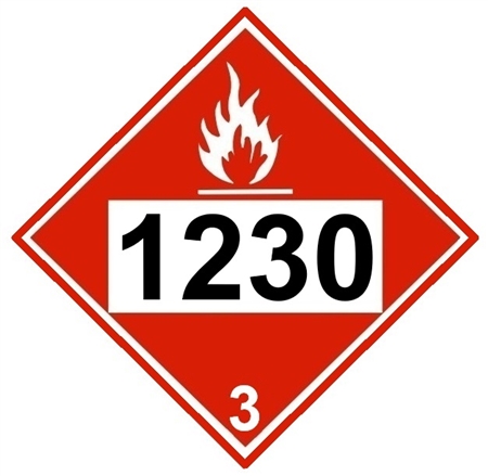 DOT PLACARD 1230 METHANOL, Class 3 Flammable Liquid - Choose from 4 Materials, Pressure Sensitive Vinyl, Rigid Plastic, Aluminum or Magnetic