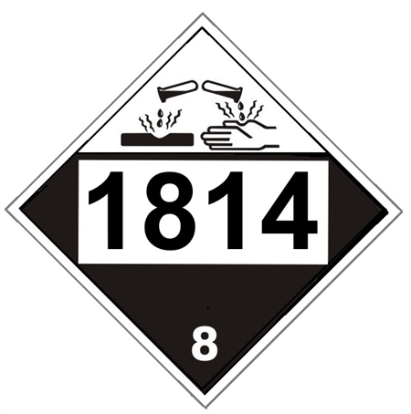 DOT PLACARD 1814 POTASSIUM HYDROXIDE, SOLUTION, Corrosive, Class 8 - Choose from 4 Materials: Press On Vinyl, Rigid Plastic, Aluminum or Magnetic