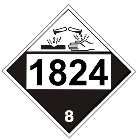 DOT PLACARD 1824 SODIUM HYDROXIDE SOLUTION, Corrosive, Class 8 - Choose from 4 Materials, Press On Vinyl, Rigid Plastic, Aluminum or Magnetic