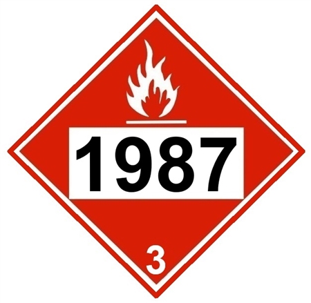 DOT PLACARD 1987 ALCOHOLS, DENATURED ALCOHOL, Class 3 Flammable Liquid - Choose from 4 Materials, Press On Vinyl, Rigid Plastic, Aluminum or Magnetic