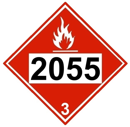 DOT PLACARD 2055 STYRENE MONOMER, STABILIZER, Flammable Liquid, Class 3 - Choose from 4 Materials: Press On Vinyl, Rigid Plastic, Aluminum or Magnetic