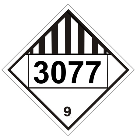 DOT PLACARD 3077 ENVIRONMENTAL HAZARD, SUBSTANCES, SOLID, Mics. Dangerous Goods Class 9, Choose from 4 Materials: Pressure on Vinyl, Rigid Plastic, Aluminum or Magnetic.