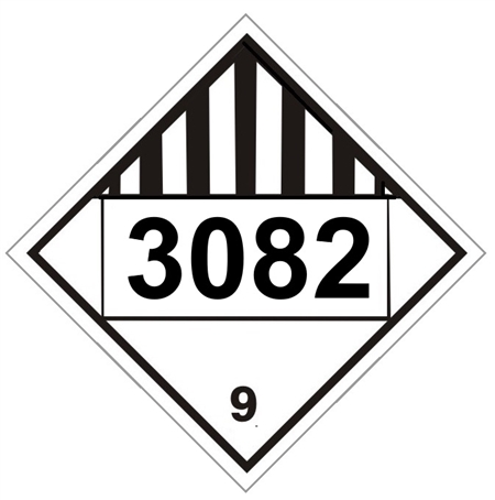 DOT PLACARD 3082 ENVIRONMENTAL HAZARD, SUBSTANCES, LIQUID, Class 9 - Choose from 4 Materials: Press on Vinyl, Rigid Plastic, Aluminum or Magnetic.