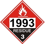 DOT PLACARD 1993 COMBUSTIBLE LIQUID, RESIDUE, Flammable Liquid, Class 3 - Choose from 4 Materials: Press On Vinyl, Rigid Plastic, Aluminum or Magnetic