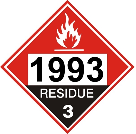 DOT PLACARD 1993 COMBUSTIBLE LIQUID, RESIDUE, Flammable Liquid, Class 3 - Choose from 4 Materials: Press On Vinyl, Rigid Plastic, Aluminum or Magnetic