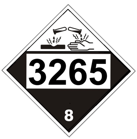 DOT PLACARD 3265 CORROSIVE LIQUID, ACIDIC, ORGANIC, n.o.s., Corrosive, Class 8 - Choose from 4 Materials: Press on Vinyl, Rigid Plastic, Aluminum or Magnetic.