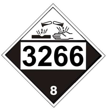 DOT PLACARD 3266 CORROSIVE LIQUID, BASIC, INORGANIC n.o.s., Class 8 Corrosive - Choose from 4 Materials, Press on Vinyl, Rigid Plastic, Aluminum or Magnetic.