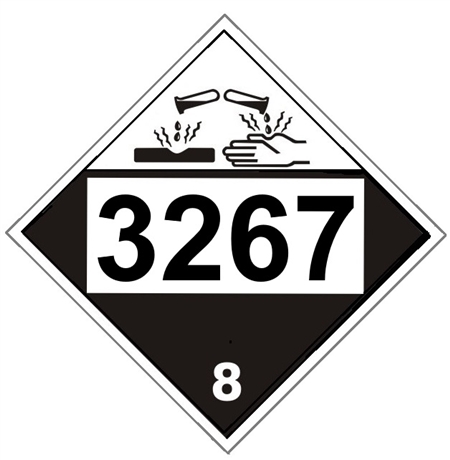 DOT Placard 3267 CORROSIVE LIQUID, BASIC, ORGANIC n.o.s. Corrosive, Class 8 - Choose from 4 Materials, Press on Vinyl, Rigid Plastic, Aluminum or Magnetic.