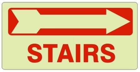 STAIRS arrow right Glow in the Dark Signs - Available 6.5 X 14 Self Adhesive Vinyl, Plastic and Aluminum.