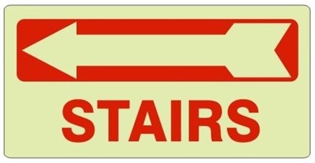 STAIRS arrow left Glow in the Dark Sign - Available 6.5 X 14 Self Adhesive Vinyl, Plastic and Aluminum.