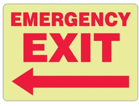 Glow in the Dark EMERGENCY EXIT (Arrow Left) Sign - Choose 10" X 14" Pressure Sensitive Vinyl or Rigid Plastic