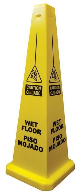 Lamba® 35 Inch 4-Sided Yellow Caution Slipping Symbol Bilingual Wet Floor Quad Safety Cone