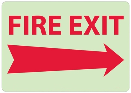 Glow in the Dark FIRE EXIT (arrow right) Sign - 10 X 14 - Pressure Sensitive Vinyl or Rigid Plastic