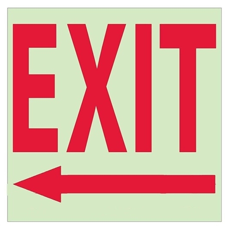 Glow in the Dark EXIT arrow left Sign - 10 X 10 - Pressure Sensitive Vinyl or Rigid Plastic