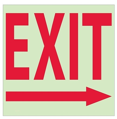 Glow in the Dark EXIT (arrow right) Sign - 10 X 10 - Pressure Sensitive Vinyl or Rigid Plastic