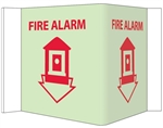 Glow-in-the-Dark FIRE ALARM 3-Way Sign, 180° design visible from either side as well as from the front.