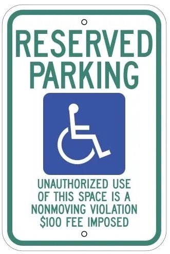 North Dakota State Specific (ND) Reserved Handicapped Parking, Unauthorized Use of This Space is a Non Moving Violation $100 Fee Imposed - 12 X 18 - Type I Reflective on .80 Aluminum, Top and Bottom mounting holes