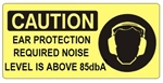 CAUTION EAR PROTECTION REQUIRED NOISE LEVEL IS ABOVE 85dbA (Picto) Sign, Choose from 5 X 12 or 7 X 17 Pressure Sensitive Vinyl, Plastic or Aluminum.
