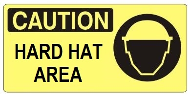 CAUTION HARD HAT AREA (Picto) Sign, Choose from 5 X 12 or 7 X 17 Pressure Sensitive Vinyl, Plastic or Aluminum.