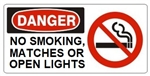 DANGER NO SMOKING, MATCHES OR OPEN LIGHTS (w/graphic) Sign, Choose from 5 X 12 or 7 X 17 Pressure Sensitive Vinyl, Plastic or Aluminum.