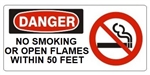DANGER NO SMOKING OR OPEN FLAMES WITHIN 50 FEET (w/graphic) Sign, Choose from 5 X 12 or 7 X 17 Pressure Sensitive Vinyl, Plastic or Aluminum.
