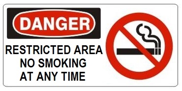 DANGER RESTRICTED AREA, NO SMOKING ANY TIME (w/graphic) Sign, Choose from 5 X 12 or 7 X 17 Pressure Sensitive Vinyl, Plastic or Aluminum.