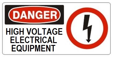 DANGER HIGH VOLTAGE ELECTRICAL EQUIPMENT (w/graphic) Sign, Choose from 5 X 12 or 7 X 17 Pressure Sensitive Vinyl, Plastic or Aluminum.