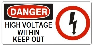 DANGER HIGH VOLTAGE WITHIN KEEP OUT (w/graphic) Sign, Choose from 5 X 12 or 7 X 17 Pressure Sensitive Vinyl, Plastic or Aluminum.
