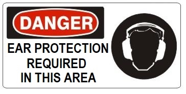 DANGER EAR PROTECTION REQUIRED IN THIS AREA (w/graphic) Sign, Choose from 5 X 12 or 7 X 17 Pressure Sensitive Vinyl, Plastic or Aluminum.