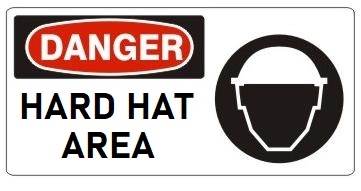 DANGER HARD HAT AREA (w/graphic) Sign, Choose from 5 X 12 or 7 X 17 Pressure Sensitive Vinyl, Plastic or Aluminum.