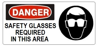 DANGER SAFETY GLASSES REQUIRED IN THIS AREA (w/graphic) Sign, Choose from 5 X 12 or 7 X 17 Pressure Sensitive Vinyl, Plastic or Aluminum.